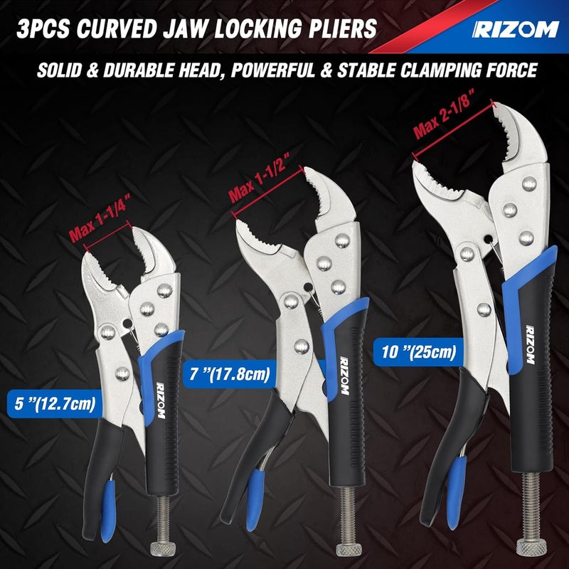 Rizom Vice Grips Pliers Set, 6-Piece Locking Pliers Set, 6-1/2”, 9-1/2” Needle Nose Vice Grips, 5”, 7” and 10” Curved Jaw Vise Grip, 6” C-clamp Locking Pliers, Fast Release with Rolling Pouch - Image 3